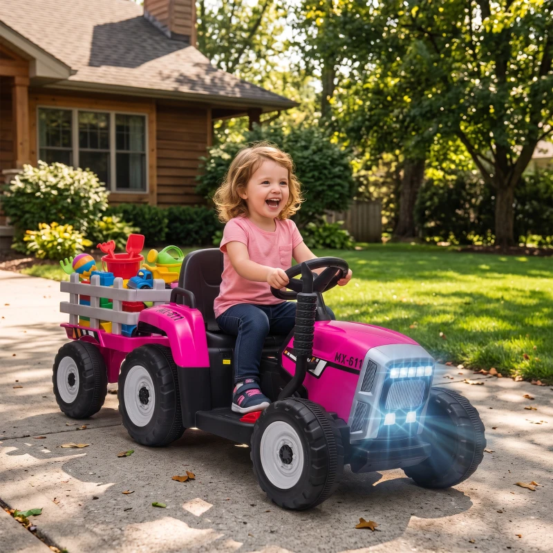 HOMCOM 12V Kids Ride on Tractor with Detachable Trailer, Remote, Soft Start, Seat Belt, Music, USB, Horn, Lights for 3-6, Pink