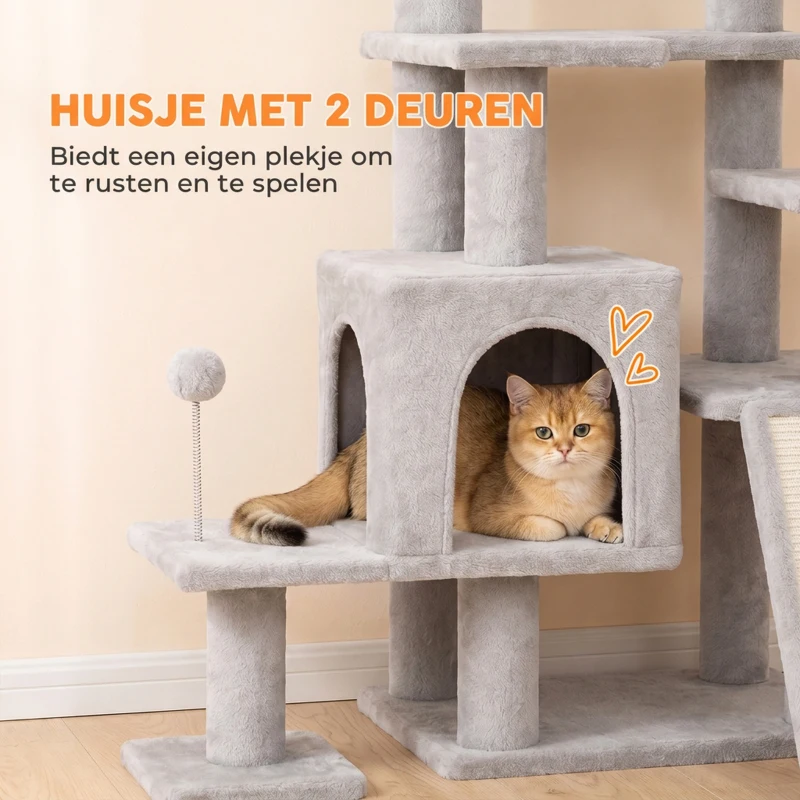 PawHut Grote krabpaal, 152 cm hoog, kattenboom met krabpalen, kattenhol met 2 ingangen, 3 balletjes en hangmat, 6 kg, lichtgrijs