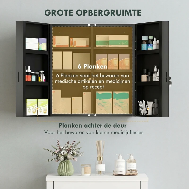 Kleankin Medicijnkast, afsluitbare medicijnkast met 2 deuren en 6 legplanken, zwart