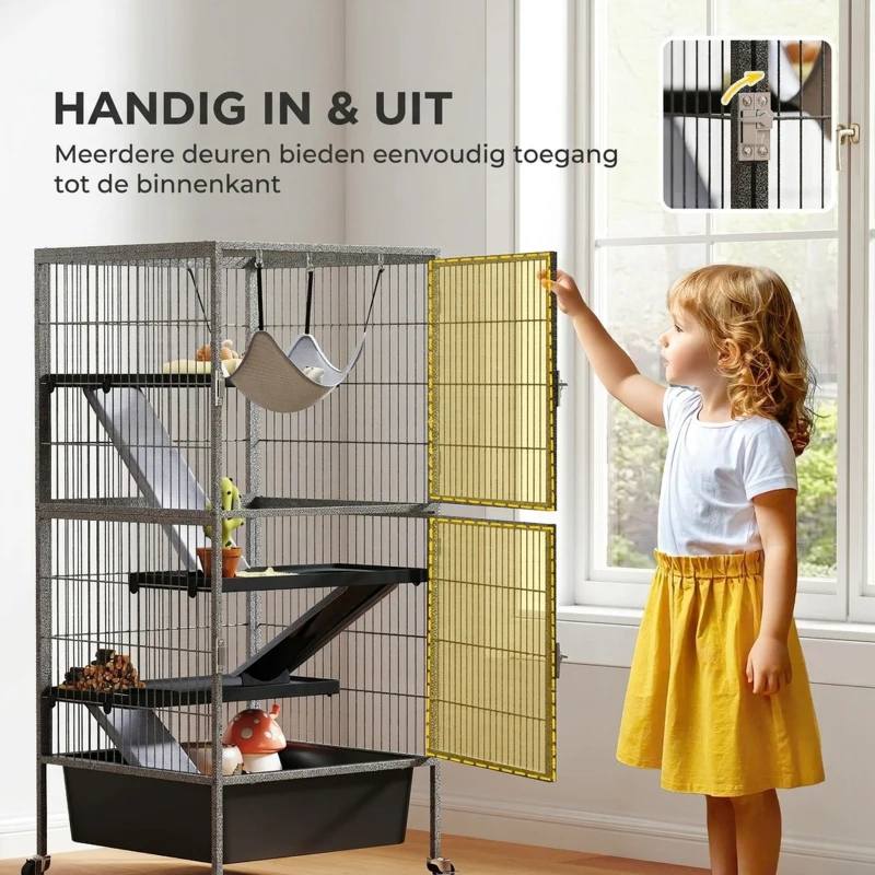 PawHut Kleine dierenkooi 4-verdiepingenkooi met uitschuifbare lade hellingen hangmat wielen platforms 52x52x115 cm Grijs