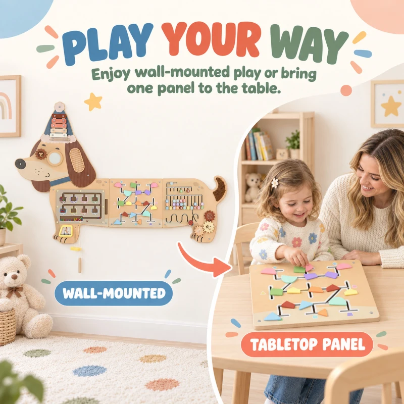 AIYAPLAY Montessori Inspired Busy Board, Wooden Dachshund Sensory Wall Panel for kids Touch, Feel & Learn, Classroom, Playroom