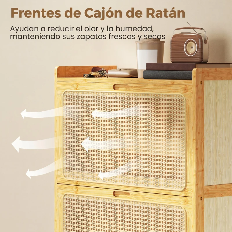 HOMCOM Zapatero Estrecho de Bambú con 3 Cajones Abatibles de Ratán para 18-21 Pares de Zapatos 69x29x119,8 cm Natural