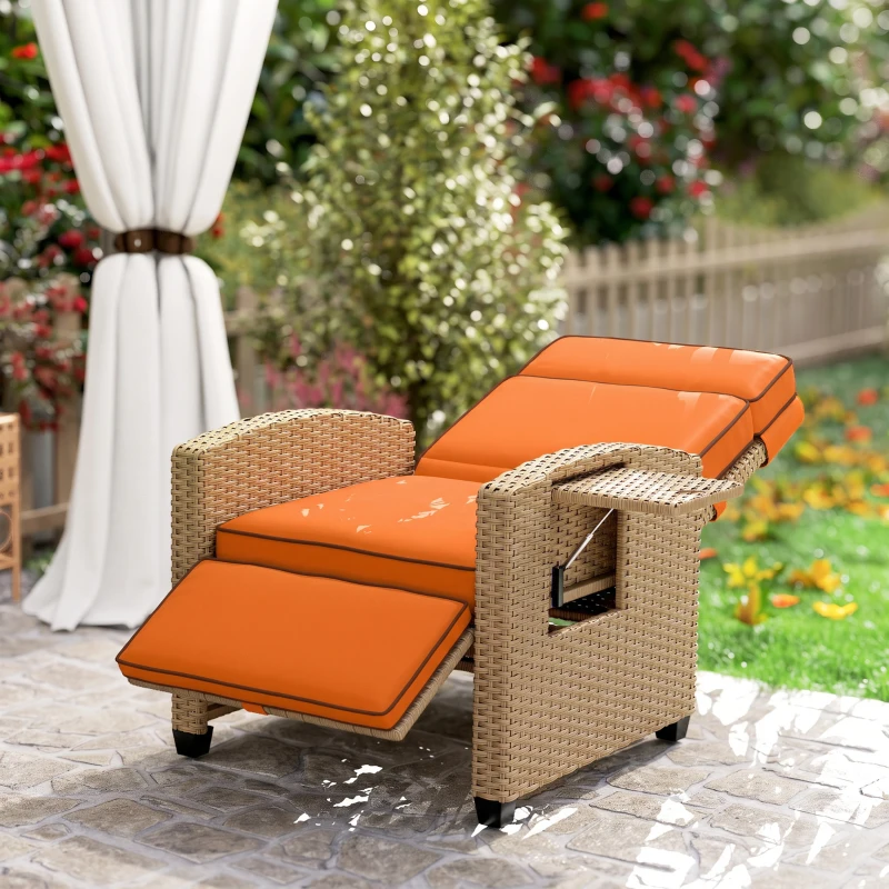 Outsunny 145° Reclining Rattan Armchair, with Footrest - Khaki/Orange