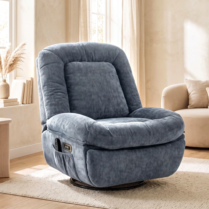 HOMCOM Sillón Relax Reclinable Eléctrico con Calor Lumbar Masaje Giro y Balanceo Reposapiés Asiento Extraancho Puerto USB Azul