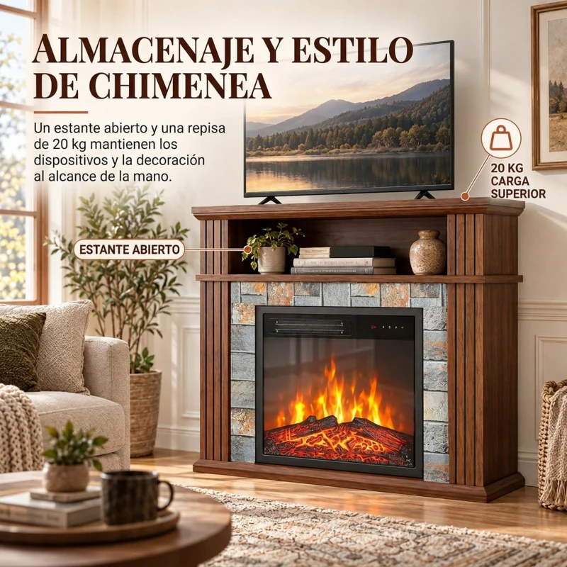 HOMCOM Chimenea Eléctrica Decorativa 1800W con Repisa Efecto Llama 5 Brillos Termostato Temporizador Mando Marrón