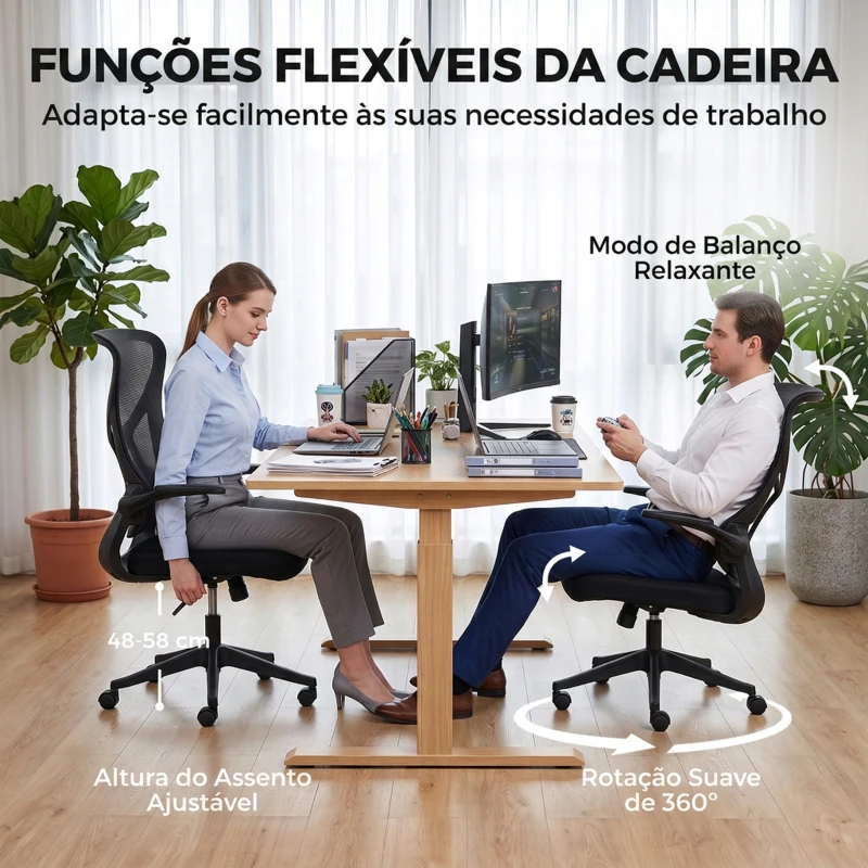HOMCOM Cadeira de Escritório Ergonómica em Rede, Giratória, com Encosto Alto, Apoios de Braços Rebatíveis e Função Basculante - Preta