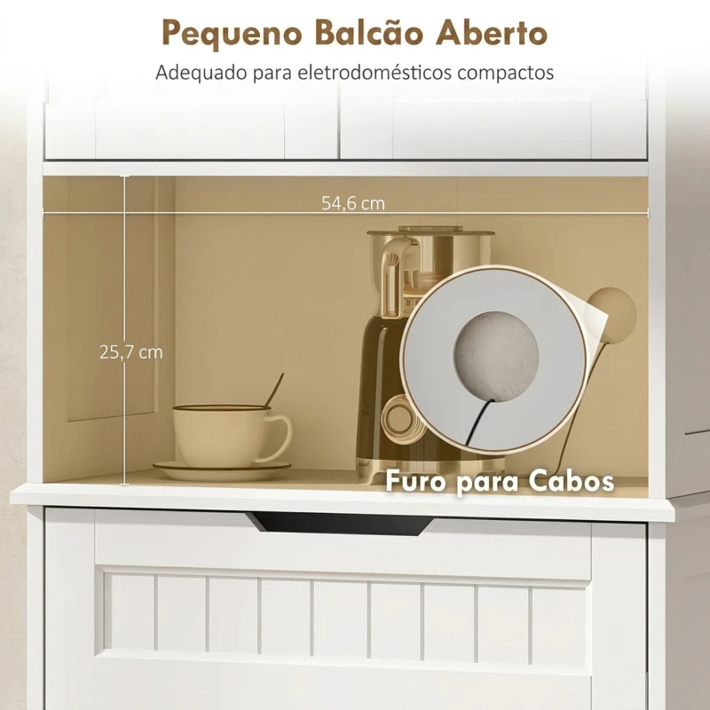 HOMCOM Armário Despenseiro de Cozinha 172 cm com Bancada Aberta, 4 Portas, Gaveta e 2 Prateleiras Ajustáveis, Branco