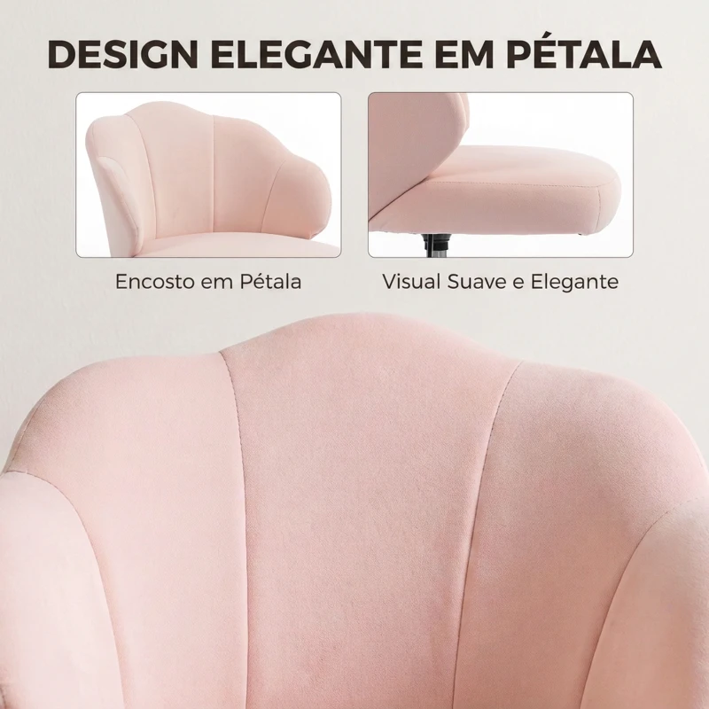 HOMCOM Cadeira de Escritório em Forma de Pétala com Rodas, Assento Largo, Veludo e Altura Regulável, Rosa