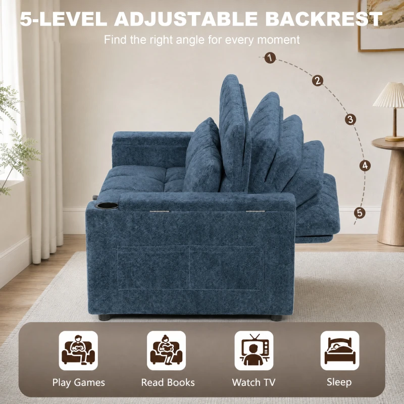 HOMCOM 2 Seater Sofa Bed, 3-in-1 Convertible Pull Out Sleeper Bed with Hidden Table, USB Port, Armrest Storage, Dark Blue
