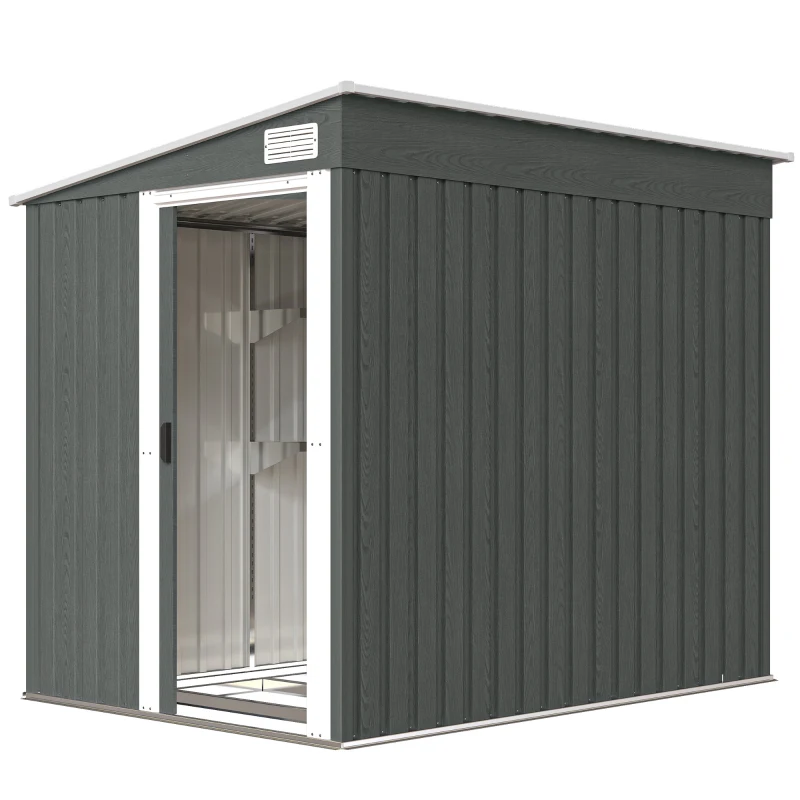 Outsunny Abri de Jardin 2,81 m² avec Fondation, Abri à Outils Extérieur Adossé en Acier Galvanisé, 154x206,5x181cm, Gris Clair