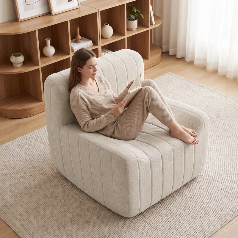 HOMCOM Poltrona Individual em Chenille com Design Comprimido Cadeirão para Sala com Encosto Firme e Espuma Bege