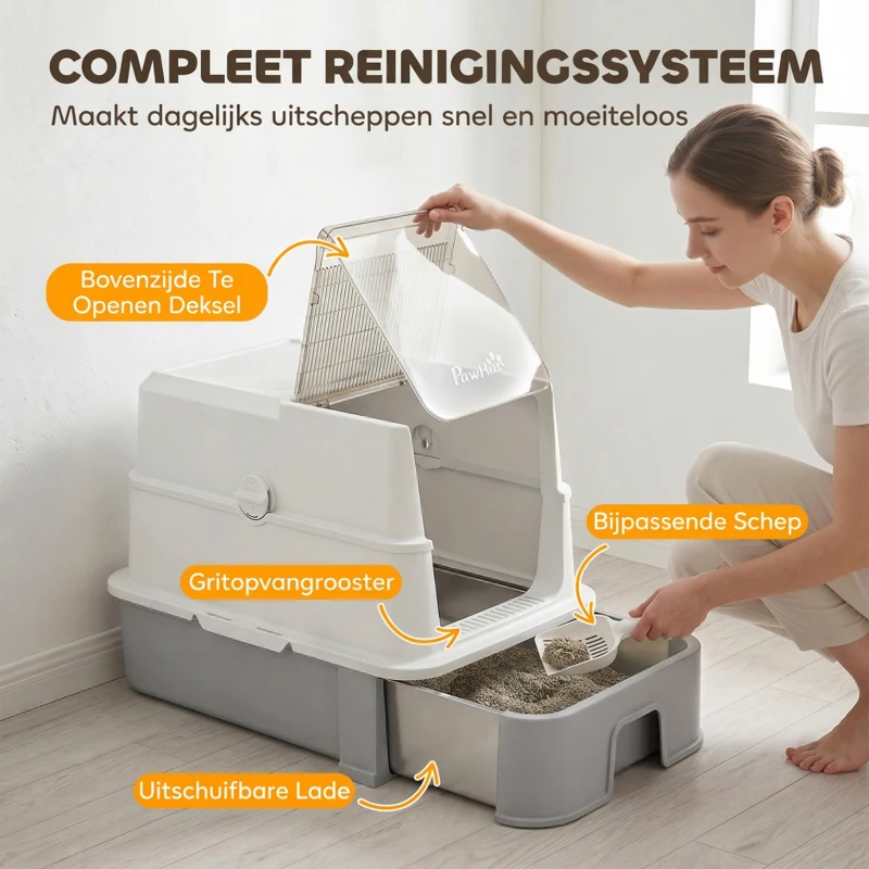 PawHut RVS kattenbak met deksel, XL kattenbak met schep, uitschuifbare lade, hoge randen, eenvoudig te reinigen, grijs