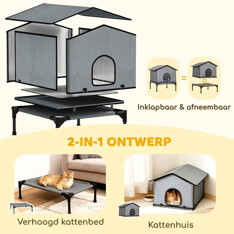 PawHut Opvouwbaar kattenhuis met kussen, verhoogd en waterafstotend, 62 x 58,5 x 60 cm, grijs