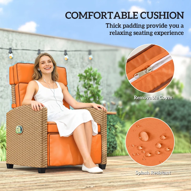 Outsunny 145° Reclining Rattan Armchair, with Footrest - Khaki/Orange