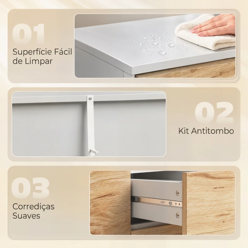 HOMCOM Aparador Pequeno com Porta e 3 Gavetas 80x40x75 cm para Entrada e Sala de Jantar Branco e Natural