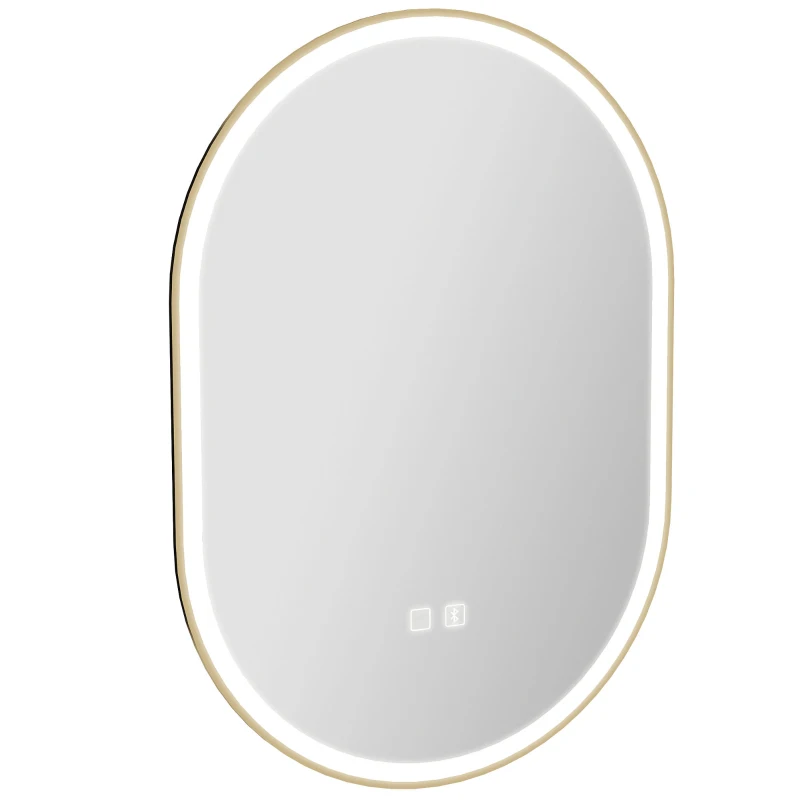 HOMCOM Bathroom Mirror with LED Lights, 100x70cm Oval Bathroom Mirror, Dimmable, Bluetooth, Anti-Fog, Gold Tone