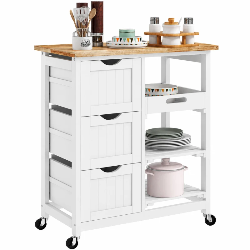 HOMCOM Chariot desserte de cuisine à roulettes plan de travail en bois 3 tiroirs + 1 plateau amovible 67 x 37 x 85,5 cm blanc