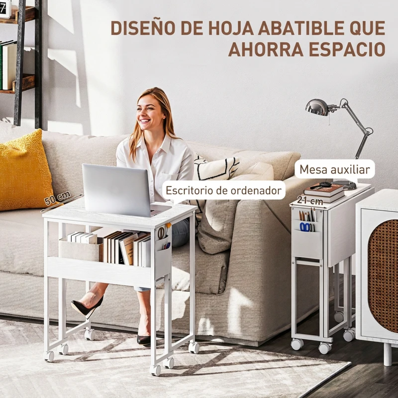 HOMCOM Escritorio Plegable con Ruedas Balda y Bolsillo de Almacenaje Ideal para Espacios Pequeños 63x50x75 cm Blanco