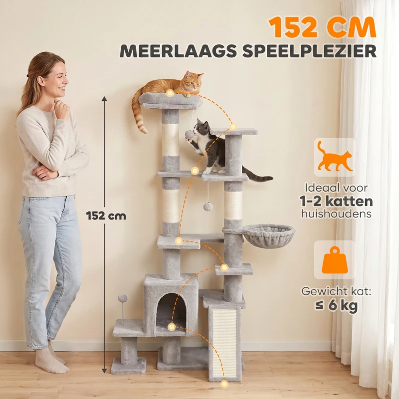 PawHut Grote krabpaal, 152 cm hoog, kattenboom met krabpalen, kattenhol met 2 ingangen, 3 balletjes en hangmat, 6 kg, lichtgrijs