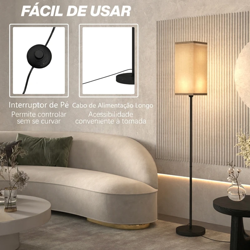 HOMCOM Candeeiro de Pé Moderno com Interruptor de Pedal, Abat-Jour Efeito Linho, para Sala, Preto, Lâmpada Não Incluída