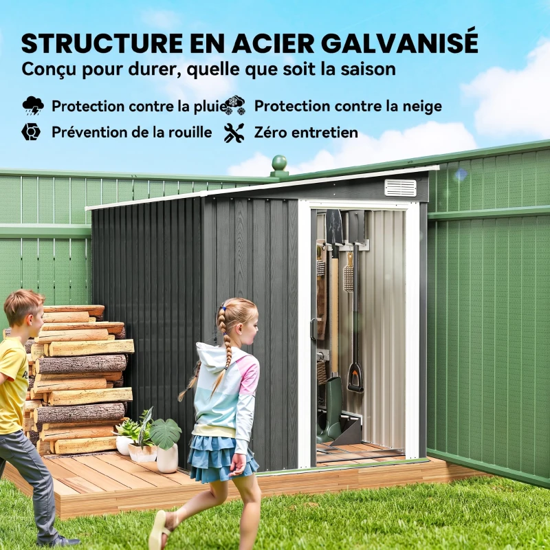 Outsunny Abri de Jardin 2,81 m² avec Fondation, Abri à Outils Extérieur Adossé en Acier Galvanisé, 154x206,5x181cm, Gris Clair