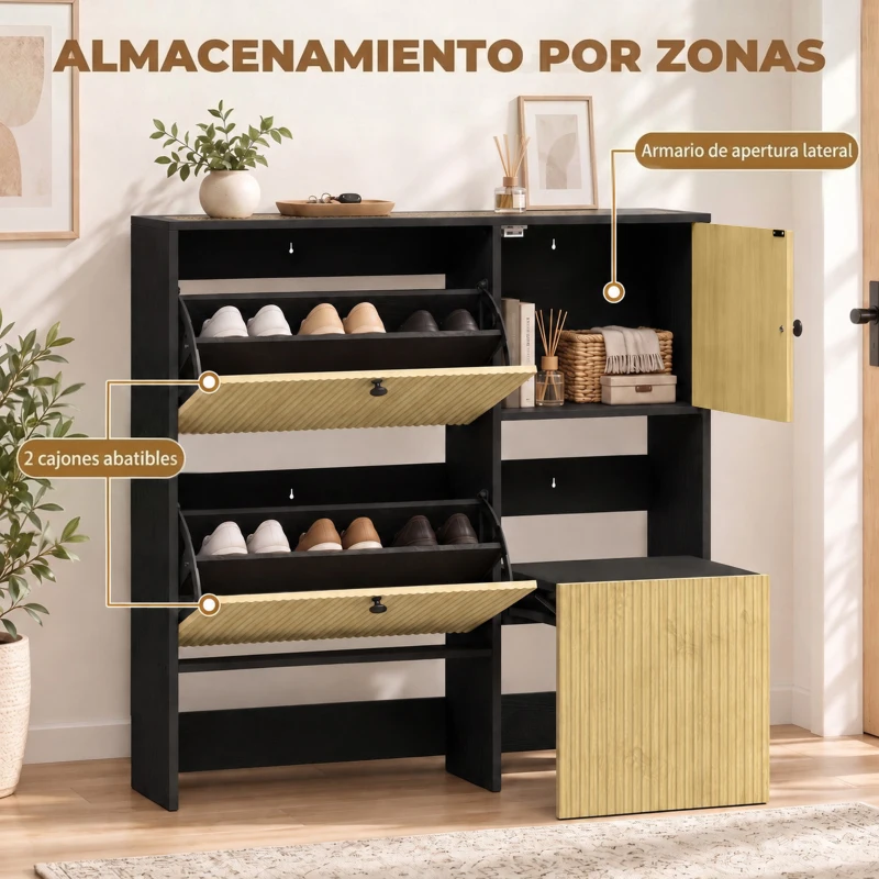HOMCOM Zapatero Estrecho con 2 Cajones Abatibles Armario Taburete Oculto Estantes Ajustables 8-10 Pares 100x23,8x100 cm Roble