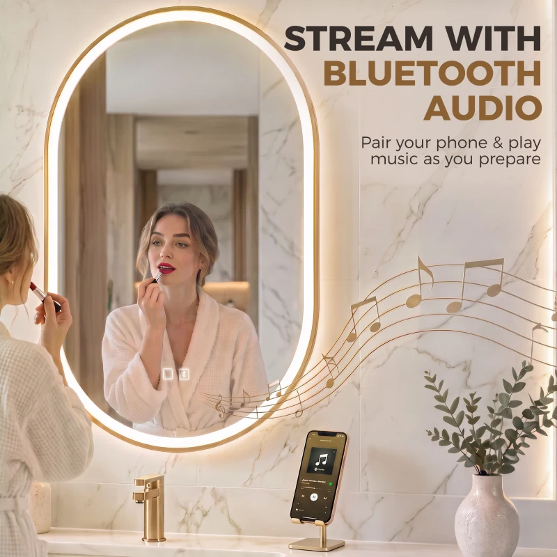 HOMCOM Bathroom Mirror with LED Lights, 100x70cm Oval Bathroom Mirror, Dimmable, Bluetooth, Anti-Fog, Gold Tone