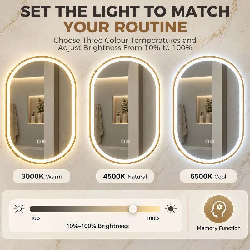 HOMCOM Bathroom Mirror with LED Lights, 100x70cm Oval Bathroom Mirror, Dimmable, Bluetooth, Anti-Fog, Gold Tone