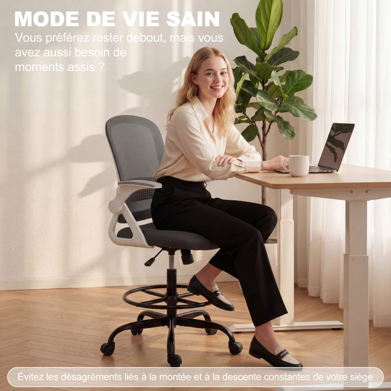 HOMCOM Chaise de bureau en maille, chaise d'ordinateur avec accoudoirs rabattables, hauteur réglable, repose-pieds, gris