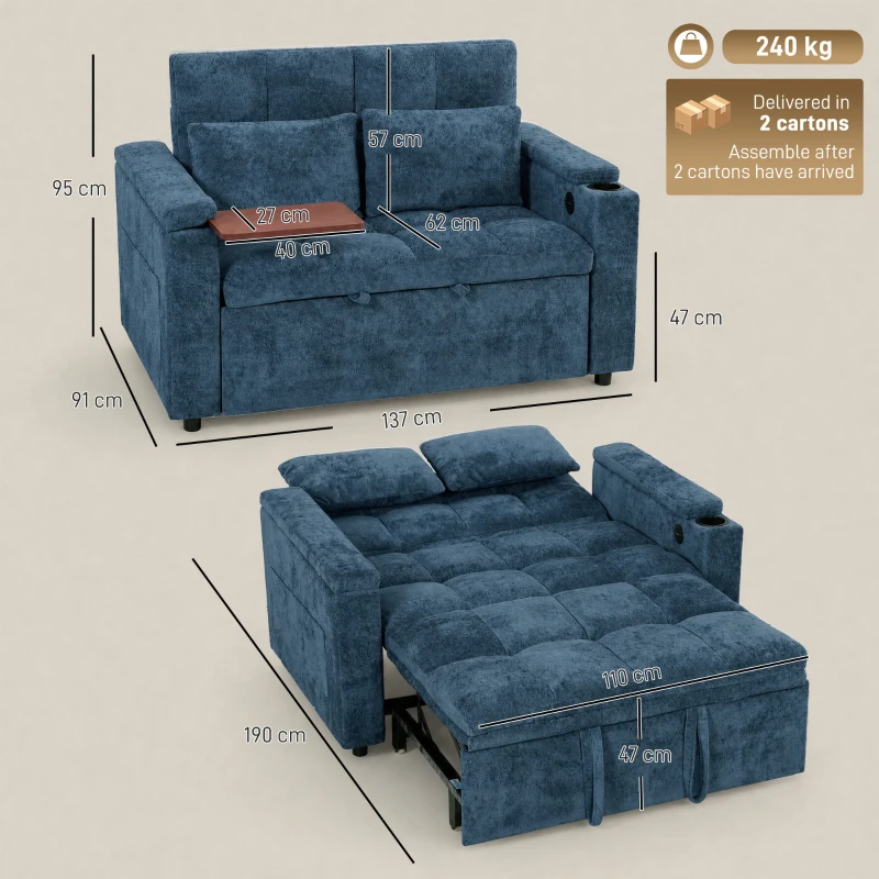HOMCOM 2 Seater Sofa Bed, 3-in-1 Convertible Pull Out Sleeper Bed with Hidden Table, USB Port, Armrest Storage, Dark Blue
