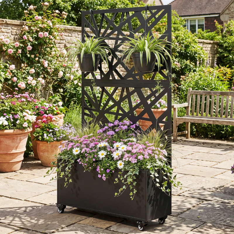 Outsunny Jardinière avec treillis, bac à fleurs, avec brise-vue et roulettes verrouillables, métal, 90 x 30 x 160 cm, noir