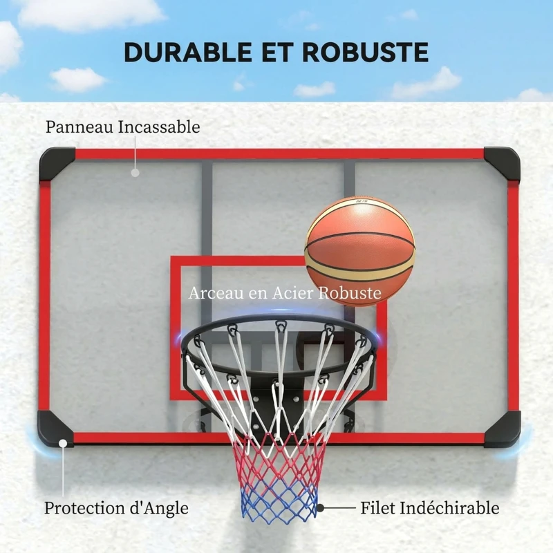 SPORTNOW Panier de Basketball Mural avec Panier Spécial, Filet Toutes Saisons, pour Extérieur, 113x61x73cm, Rouge