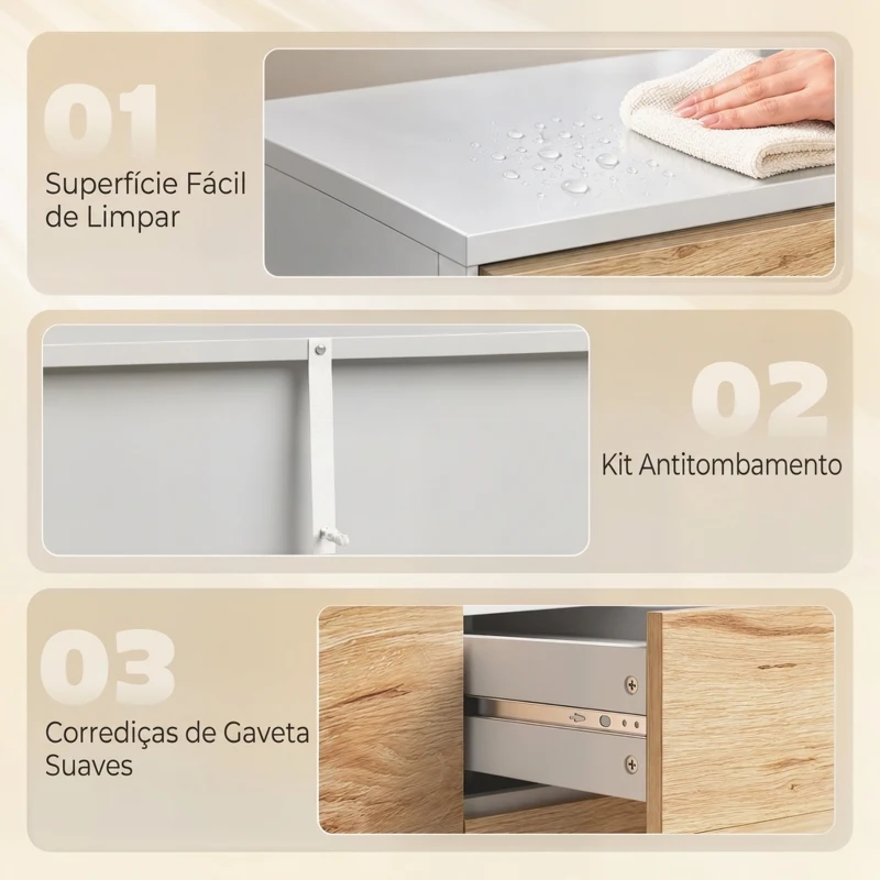 HOMCOM Aparador com 2 Portas e 3 Gavetas, Móvel de TV até 55 Polegadas, 120x35x74,5 cm, Branco e Carvalho