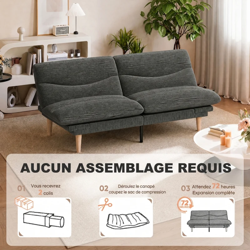HOMCOM Canapé Convertible 2 Places 3 en 1, Canapé-Lit Clic Clac en Velours Côtelé 193 cm, Dossier et Accoudoirs Réglables, Gris