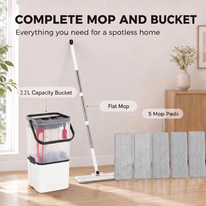 HOMCOM Mop and Bucket Set, Compact Flat Mop and Bucket with Wringer, 2-Port Design, 5 Reusable Microfiber Pads, White