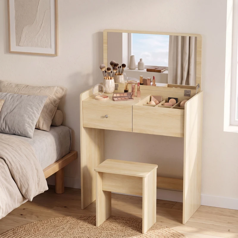 HOMCOM Vanity Desk with Mirror Dressing Table Drawer Set 6 Compartments Storage Stool White and Oak