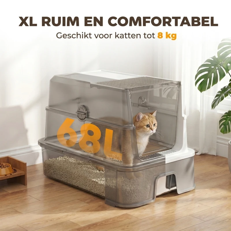 PawHut RVS kattenbak met deksel, XL kattenbak met schep, uitschuifbare lade, hoge randen, eenvoudig te reinigen, grijs