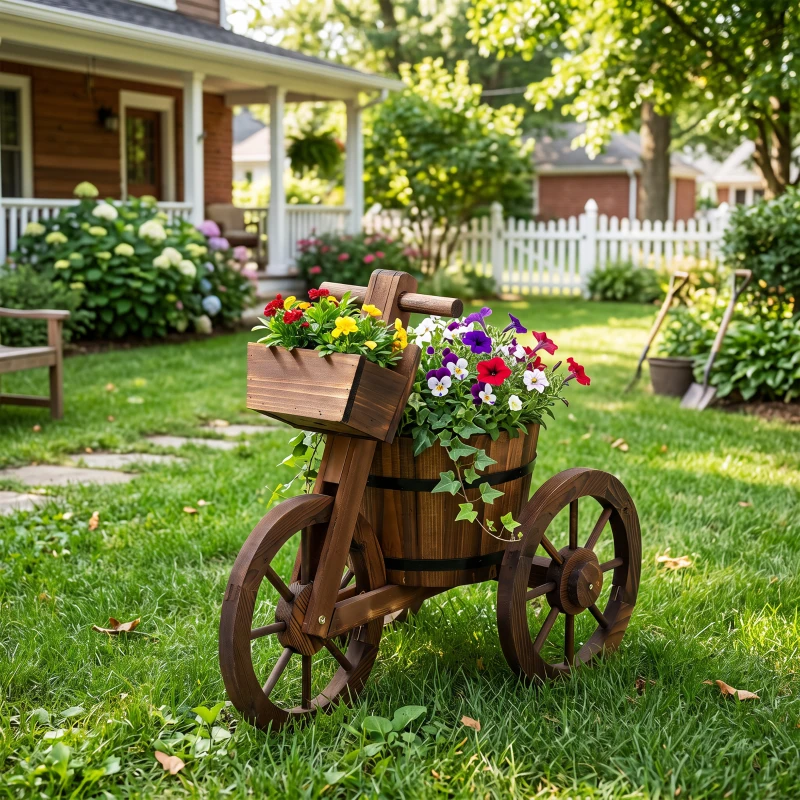 Outsunny Porte Plante Tricycle - étagère de Pots de Fleurs - jardinière dim. 52L x 31l x 45H cm - Bois de Sapin