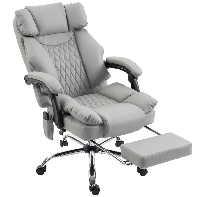 HOMCOM Fotoliu de birou cu masaj vibrant și încălzire, Scaun de birou ergonomic din PU, spătar înclinabil, tetieră, Gri
