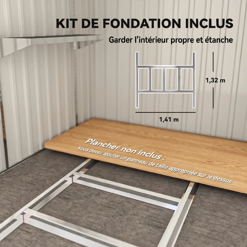 Outsunny Abri de Jardin 2,81 m² avec Fondation, Abri à Outils Extérieur Adossé en Acier Galvanisé, 154x206,5x181cm, Gris Clair