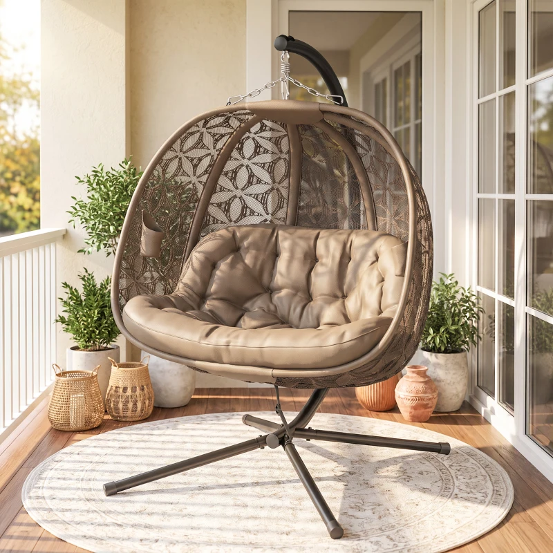 Outsunny Outdoor Double Hanging Chair, Swing Chair with Metal Stand, Thick Padded Cushion, Foldable Basket and Cup Holders, for Indoor and Outdoor, Sand Brown