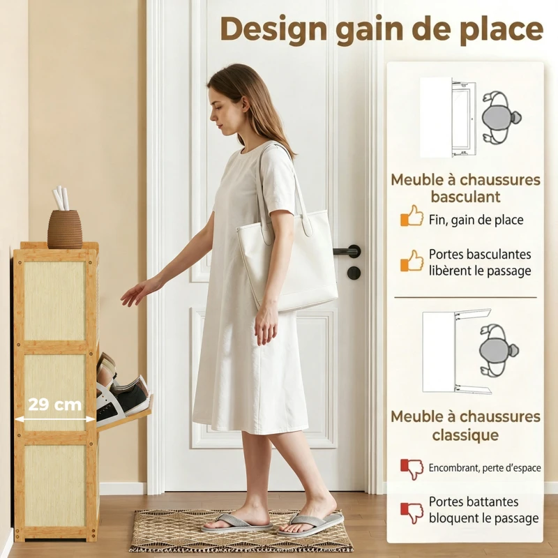 HOMCOM Meuble à chaussures 14 paires, armoire à chaussures 3 tiroirs rabattables, étagères réglables 69x29x119,8cm bois naturel