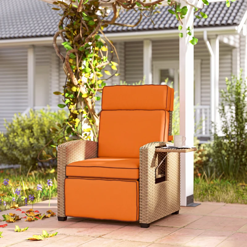 Outsunny 145° Reclining Rattan Armchair, with Footrest - Khaki/Orange