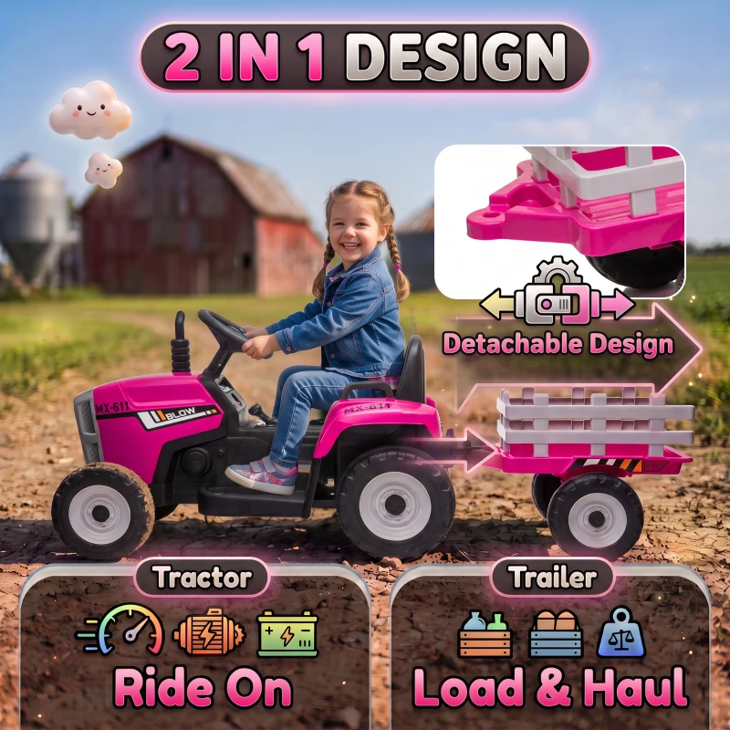 HOMCOM 12V Kids Ride on Tractor with Detachable Trailer, Remote, Soft Start, Seat Belt, Music, USB, Horn, Lights for 3-6, Pink