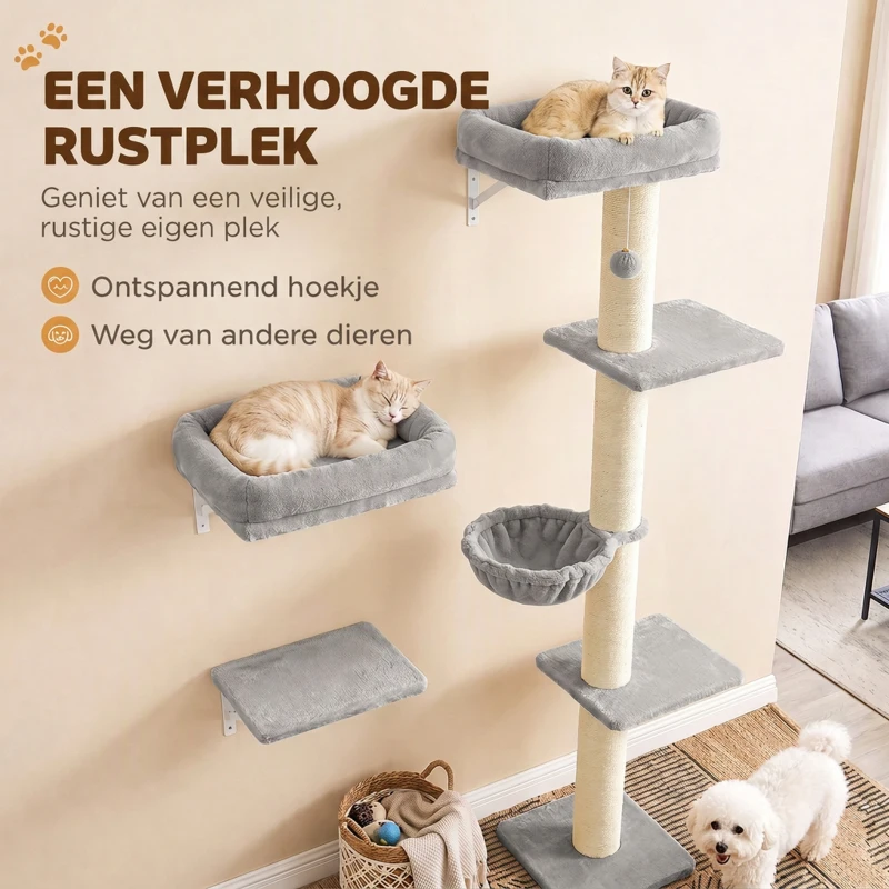 PawHut Kattenklimwand, 3-delige kattenwandset met krabpaal, platforms en hangmat