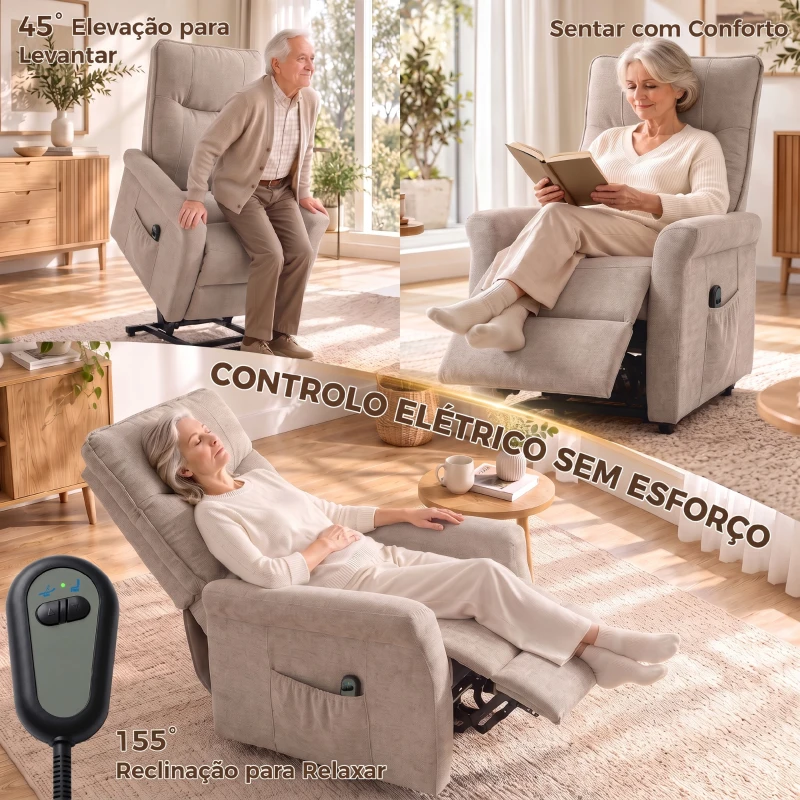 HOMCOM Poltrona Relax Reclinável Elétrica e Elevatória 155° em Chenille com Comando, Assento com Molas e Apoio para Pés, Castanho