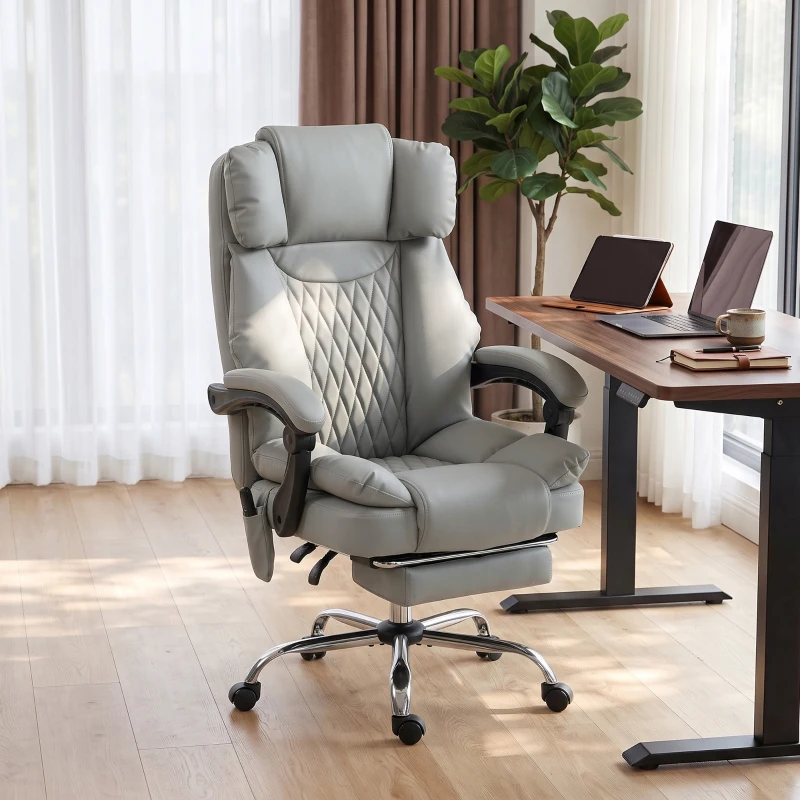 HOMCOM Fotoliu de birou cu masaj vibrant și încălzire, Scaun de birou ergonomic din PU, spătar înclinabil, tetieră, Gri