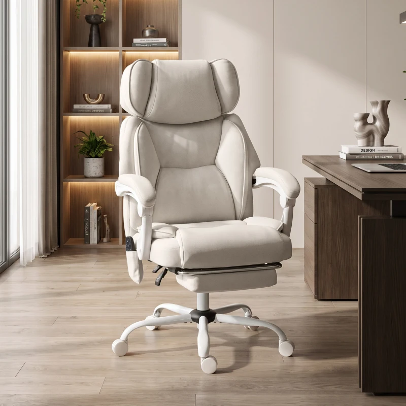 HOMCOM Office Chair with Massage, Heat, Adjustable Headrest, Leathaire‌ Reclining Desk Chair with Footrest, Cream White