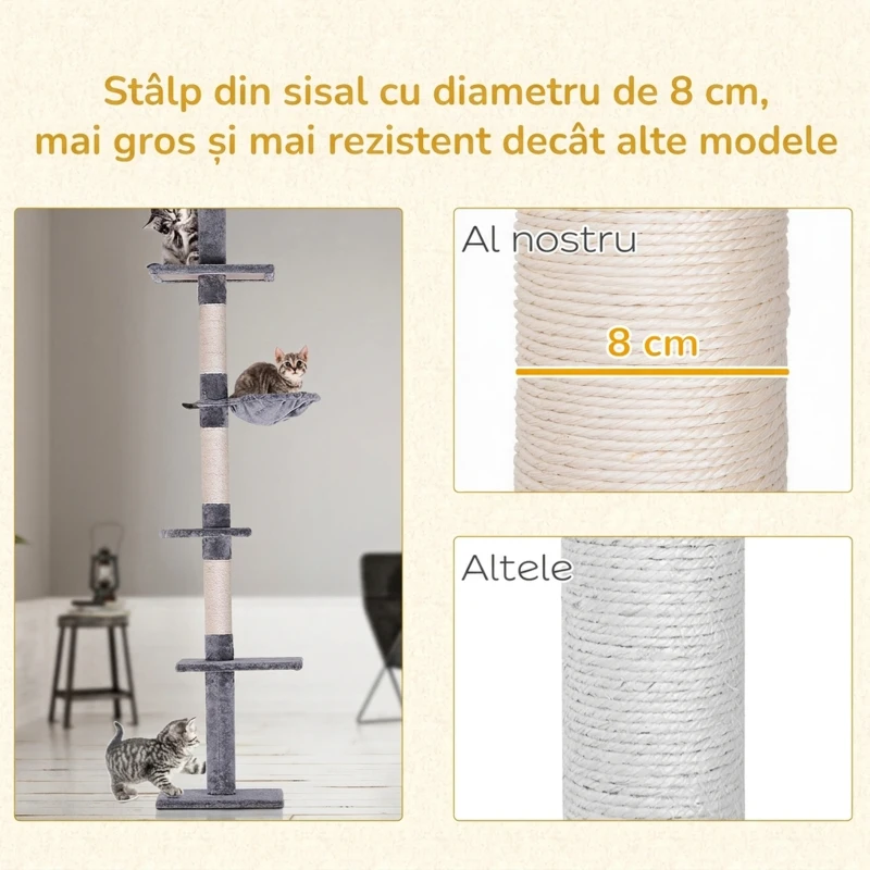PawHut Copac pentru zgâriat cu 4 niveluri, înălțime reglabilă, din PAL, pluș și sisal, 40x34x230-260 cm, gri