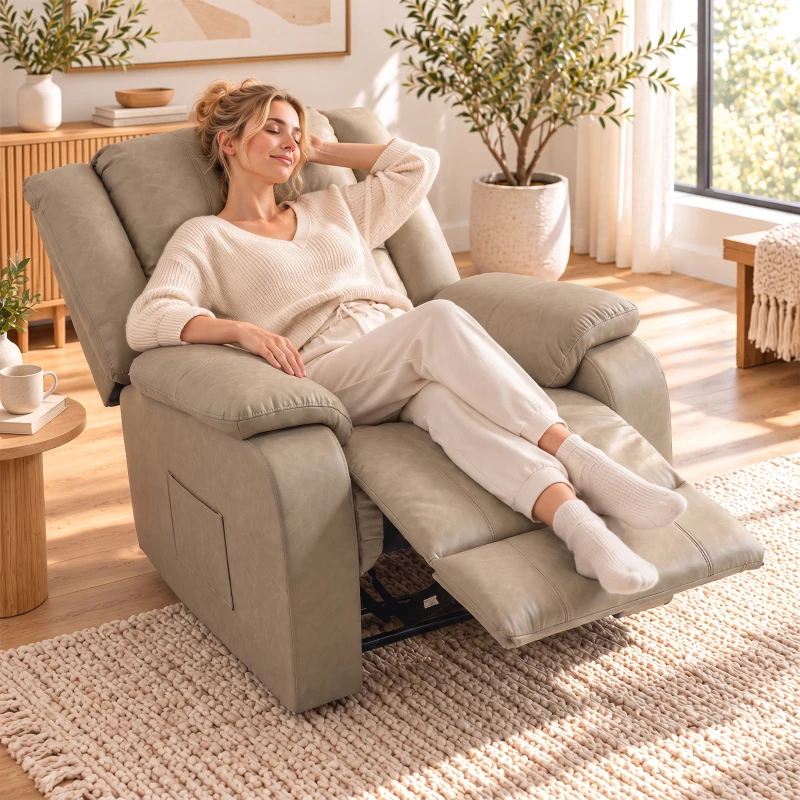 HOMCOM Cadeirão Relax Reclinável Manual em PU com Apoio para os Pés, Assento Largo, Acolchoado Espesso, Reclinável até 155°, Cáqui